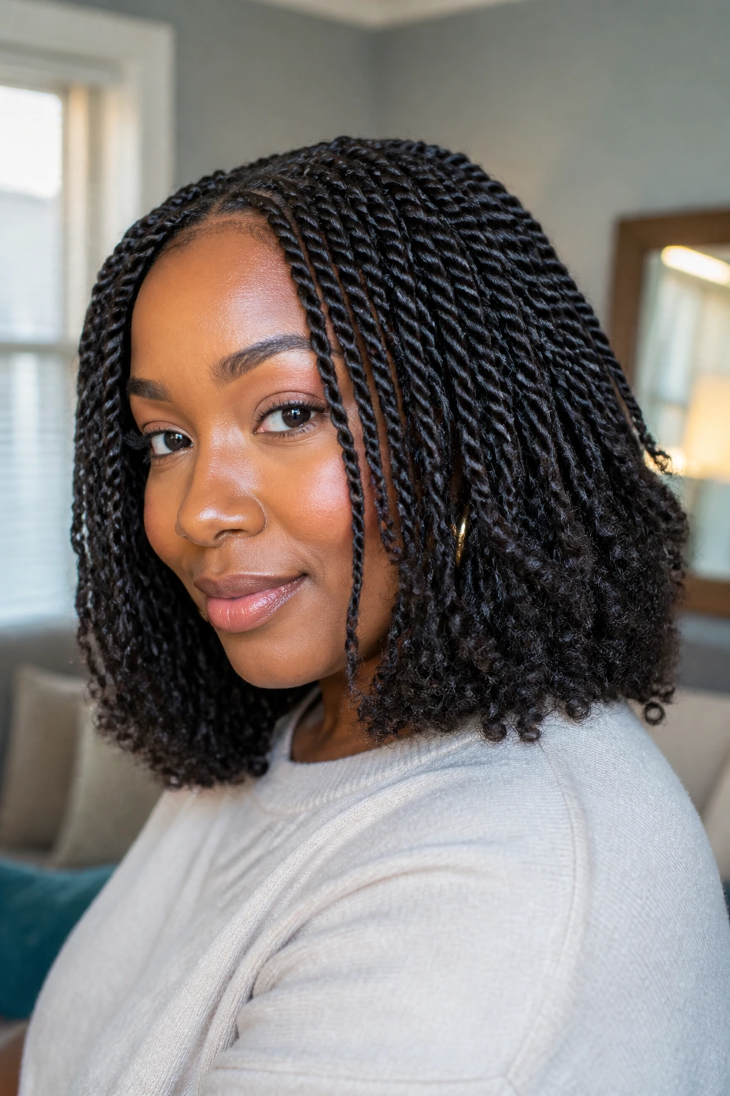 Close up of a real person with shoulder-length mini twists and voluminous ends