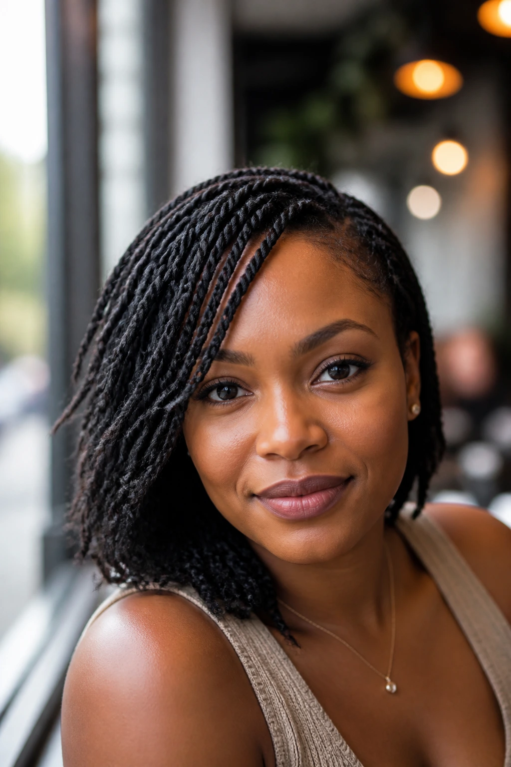 Close-up of mini twists with a side-swept front