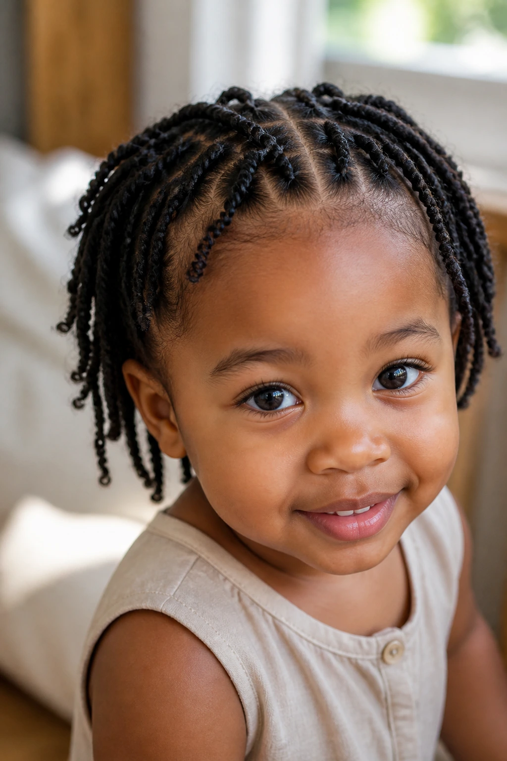 Toddler with neat mini twists hairstyle close-up