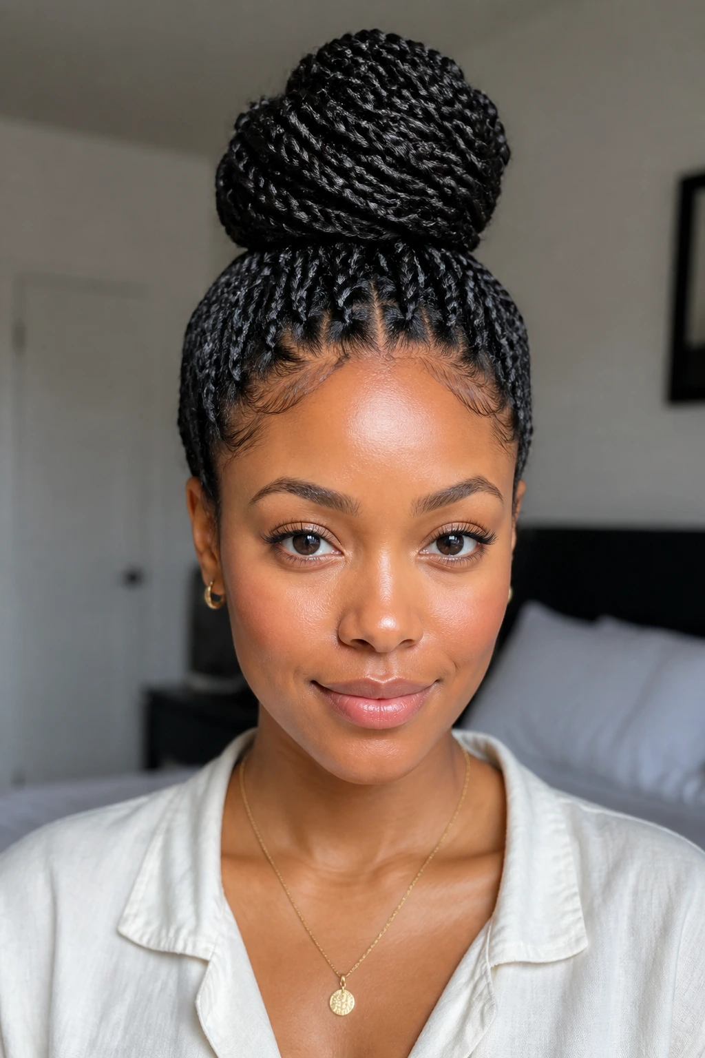 Close-up of a real woman with mini twists tied into a high top knot on an oval face