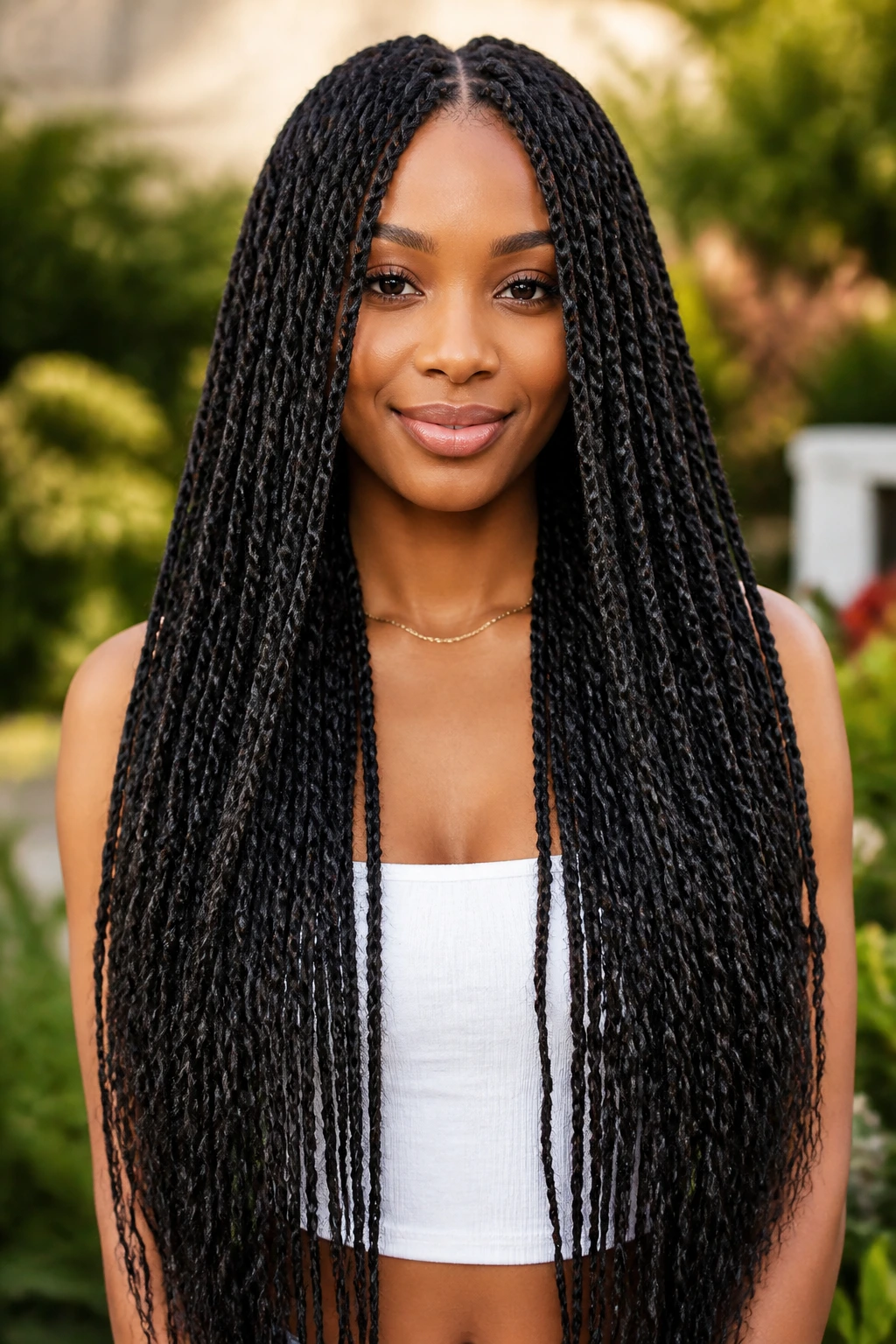 Close-up of a real woman with waist-length mini twists in a sunlit garden