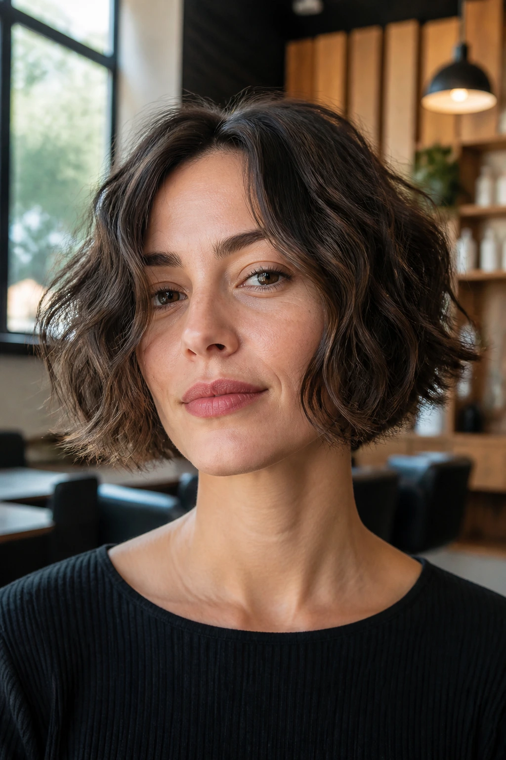Close-up of a real woman with a mini undercut center bob in a sunlit salon