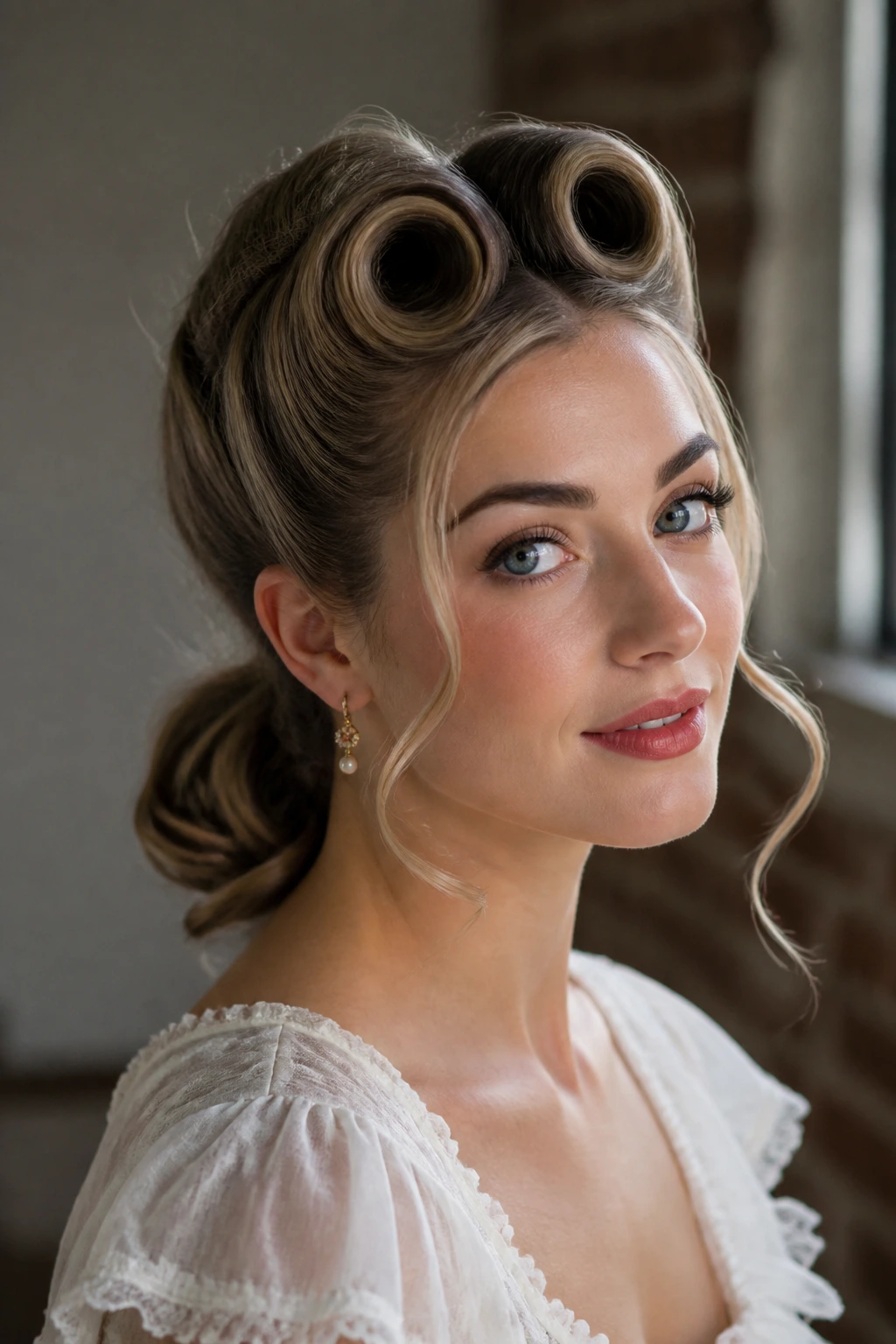 Close-up of a real woman sporting mini victory rolls with a modern finish.