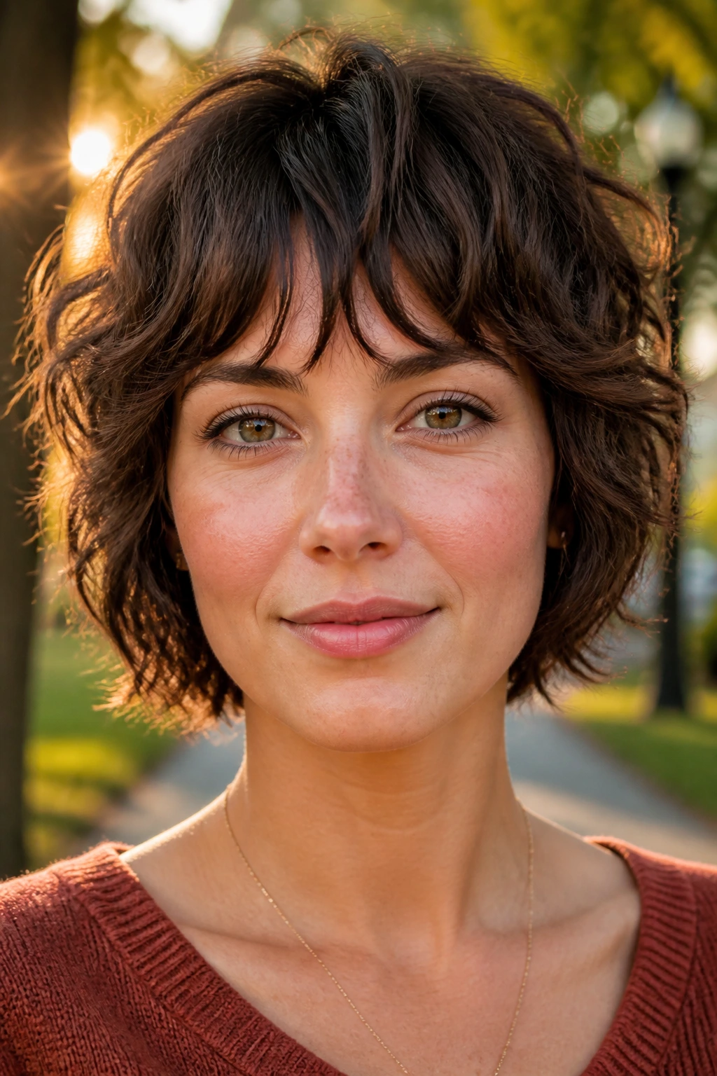 Close-up of a real woman with a mini wolf bob; choppy layers and rounded silhouette.