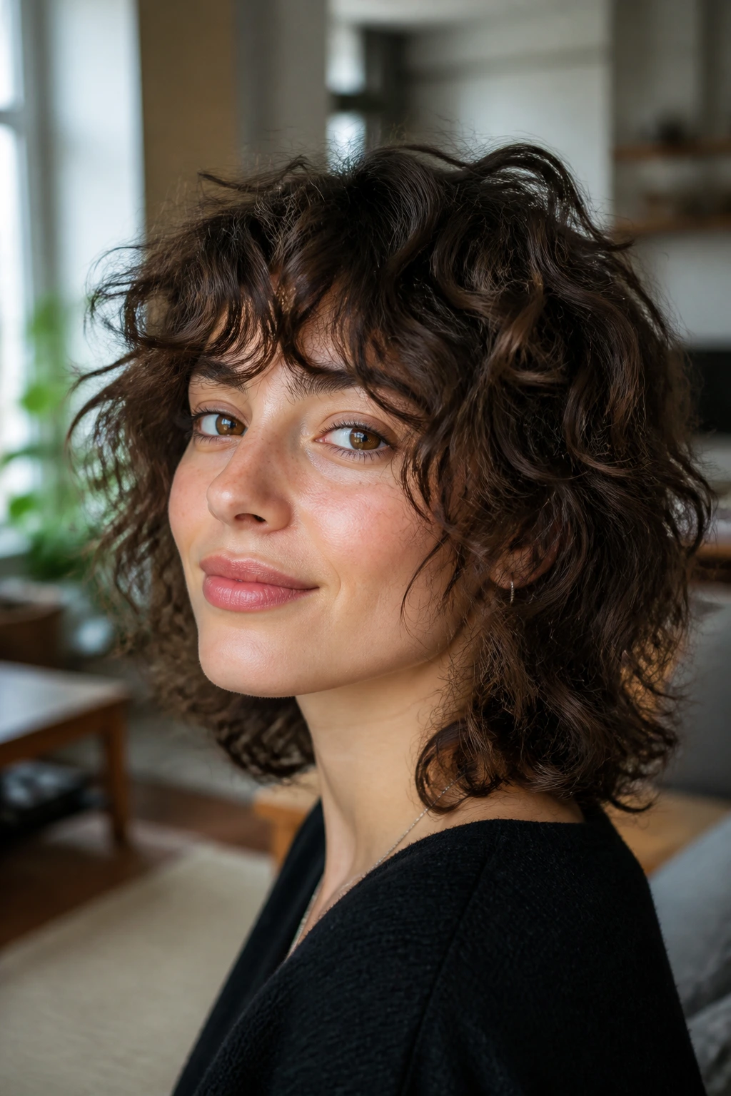 Close-up portrait of a person with a mini wolf cut on loose-to-medium curls, crown lift and face-framing pieces