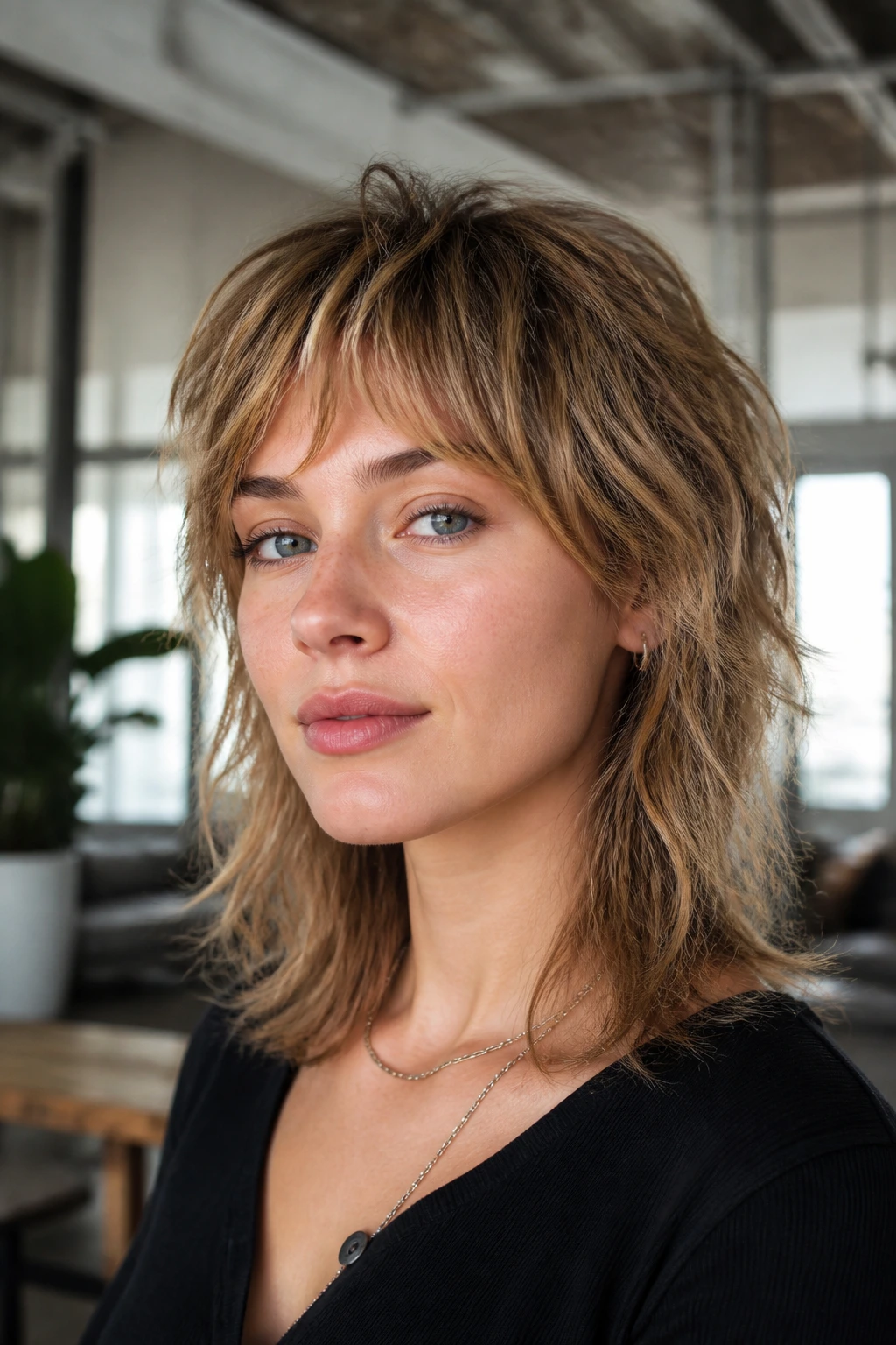 Real person with a mini wolf cut for fine hair in urban loft light