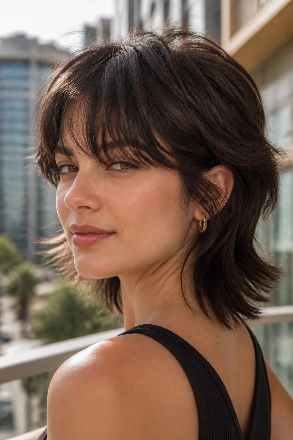 Real woman with mini wolf cut portrait in natural daylight on a balcony.