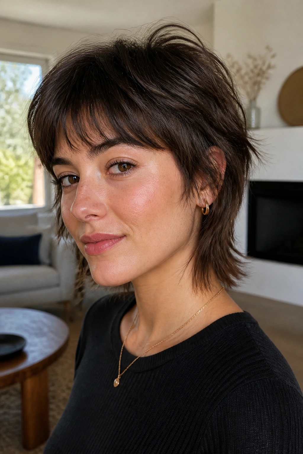 Portrait of a real woman with a mini wolf cut and soft fringe in natural light