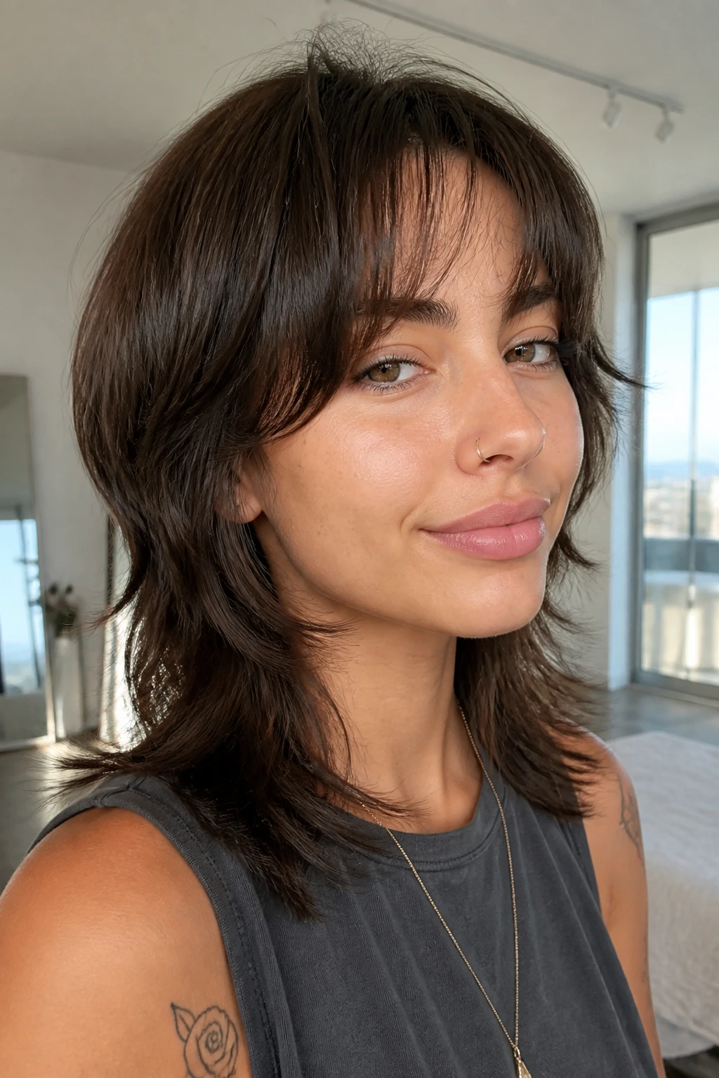 Woman with mini wolf cut and soft fringe in bright room