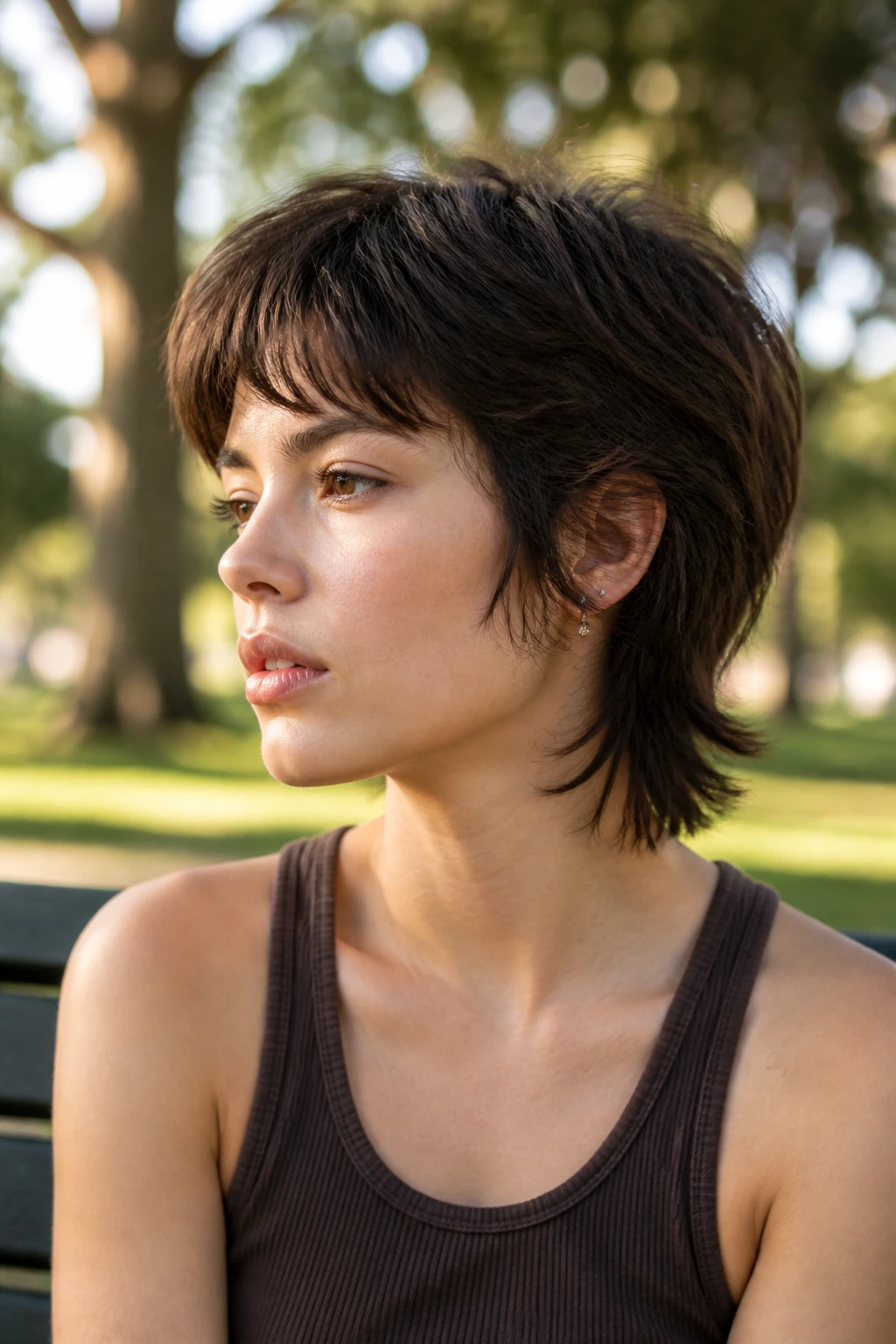 Real woman with mini wolf cut on park bench in golden hour light