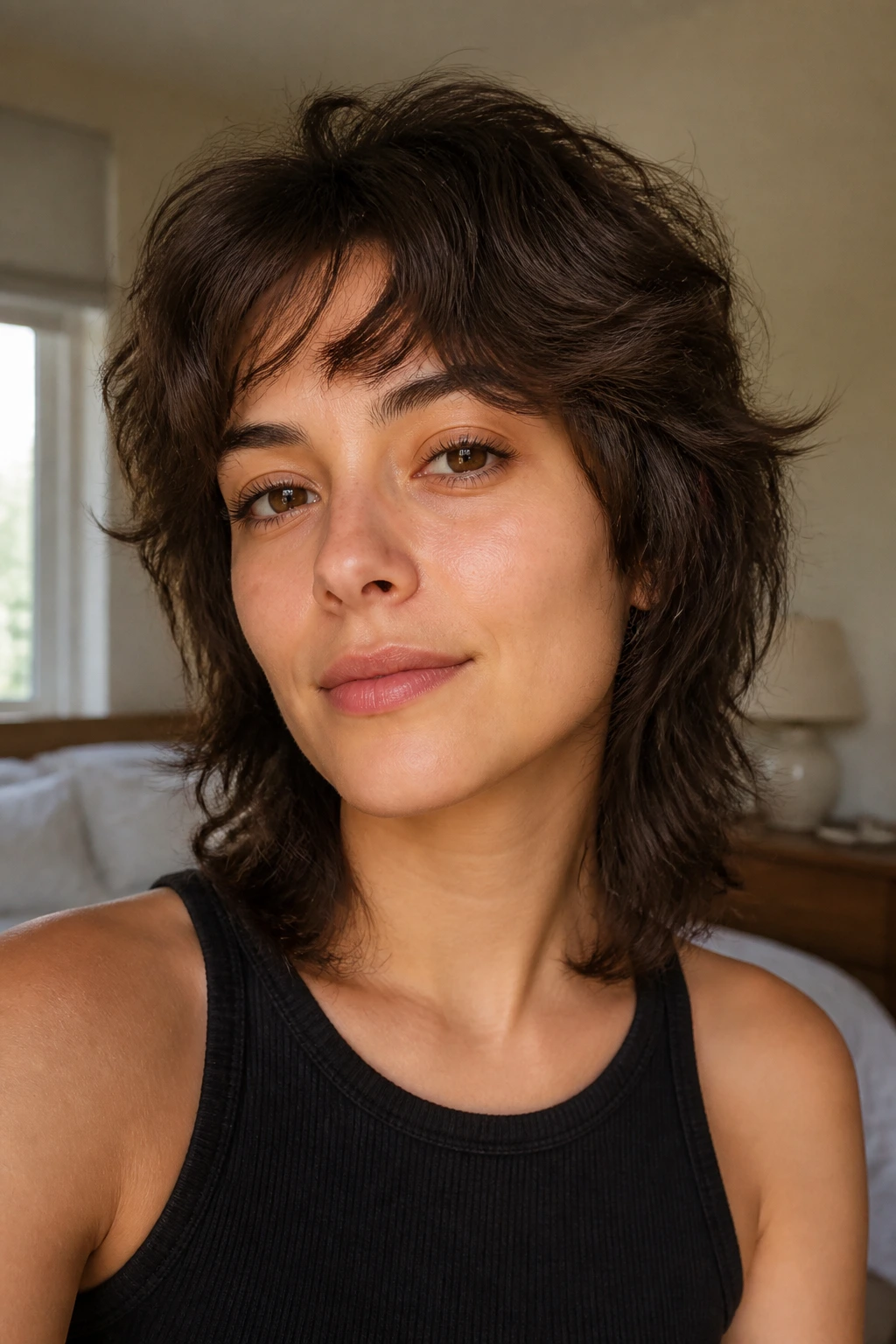 Close-up portrait of a real woman with a mini wolf cut on wavy hair, crown volume and face-framing layers.