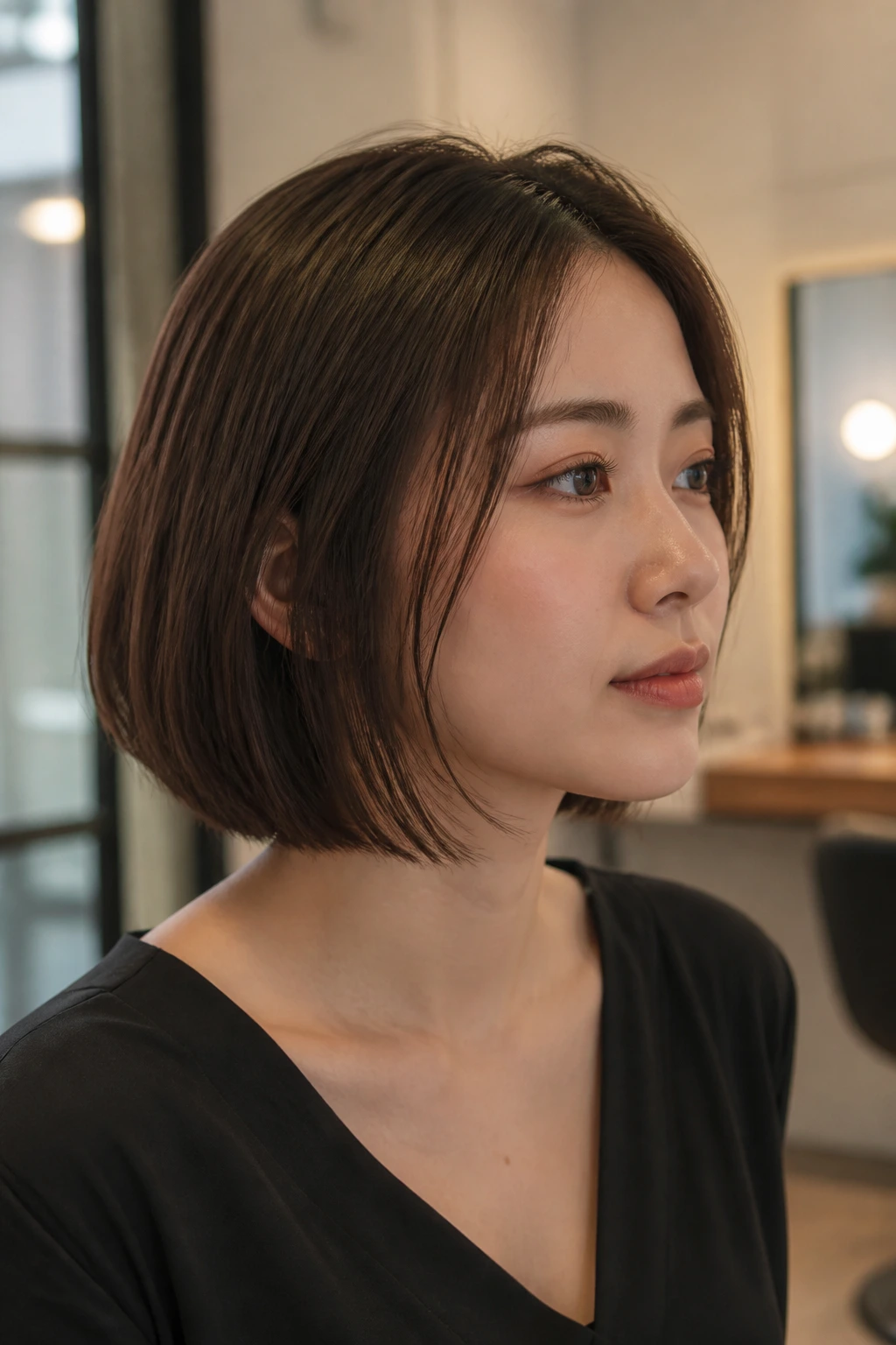 Close-up of real person with a precise minimal Japanese lob