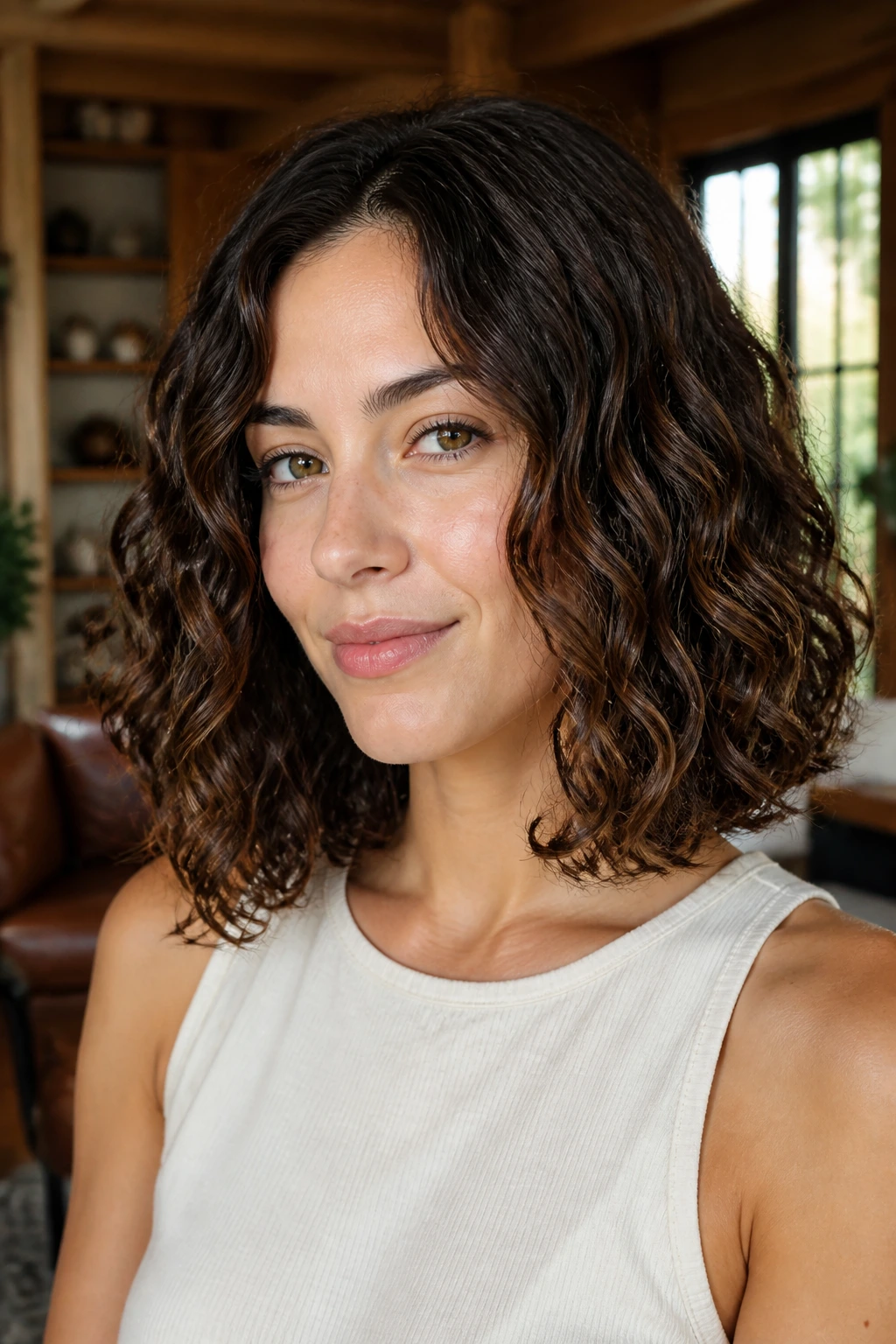 Close-up of a real woman with a minimal-layer A-line hairstyle showcasing clean perimeter and soft waves.