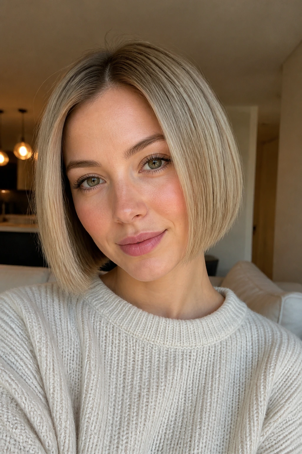 Close-up of a real woman with a minimal-layer power bob