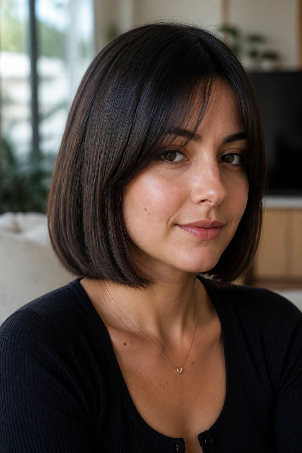 Close-up of a real woman with a minimal-layer bob for flat hair