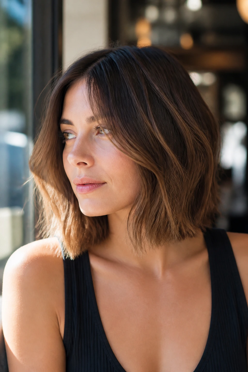 Close-up of a real woman with minimal-layer French lob in a sunlit cafe