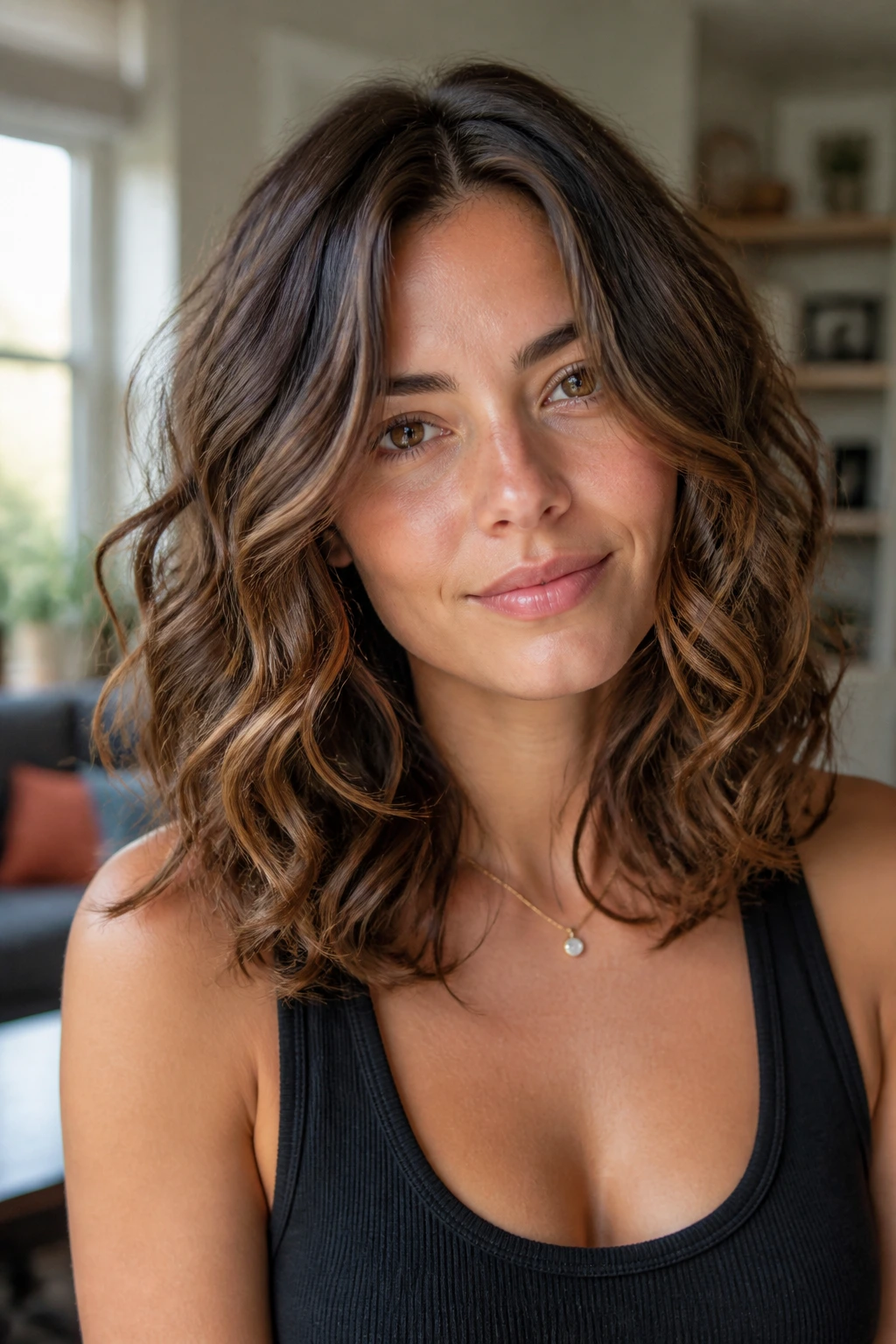 Close-up portrait of a real woman with minimal-layer midi cut for loose curls in soft daylight