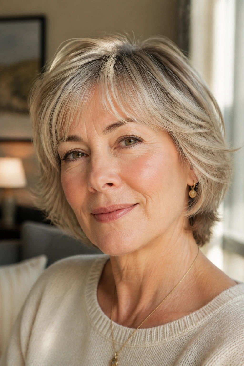 Close-up portrait of a woman with a minimal-layer shag for thinning hair.