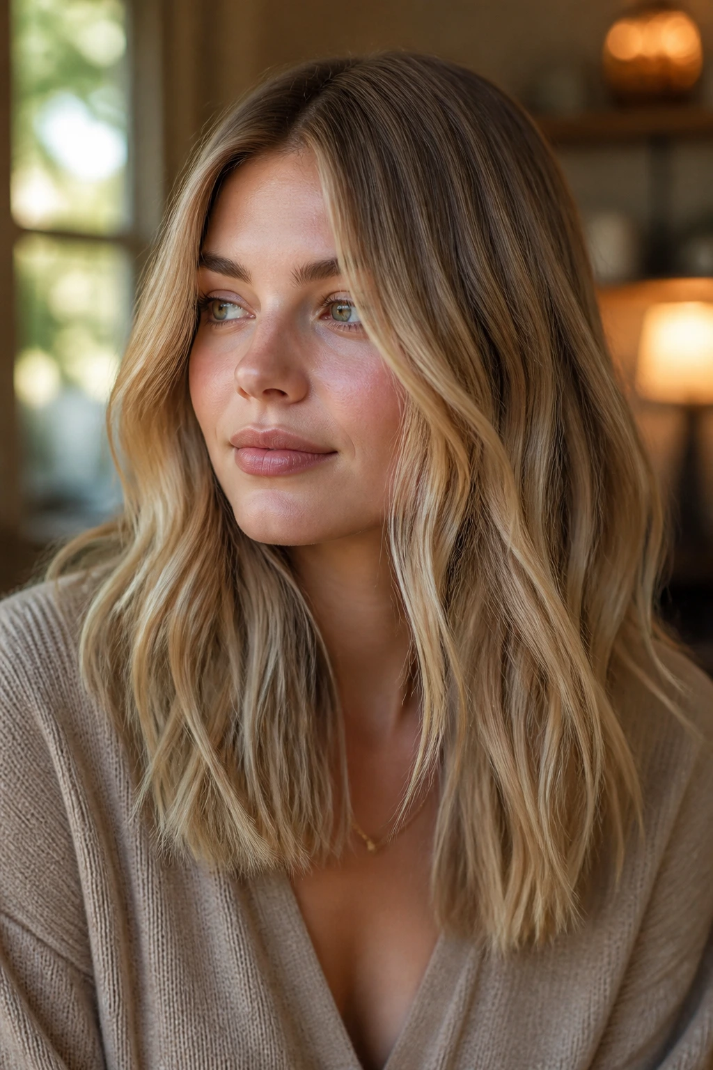 Woman with minimal layers and blunt ends with subtle waves