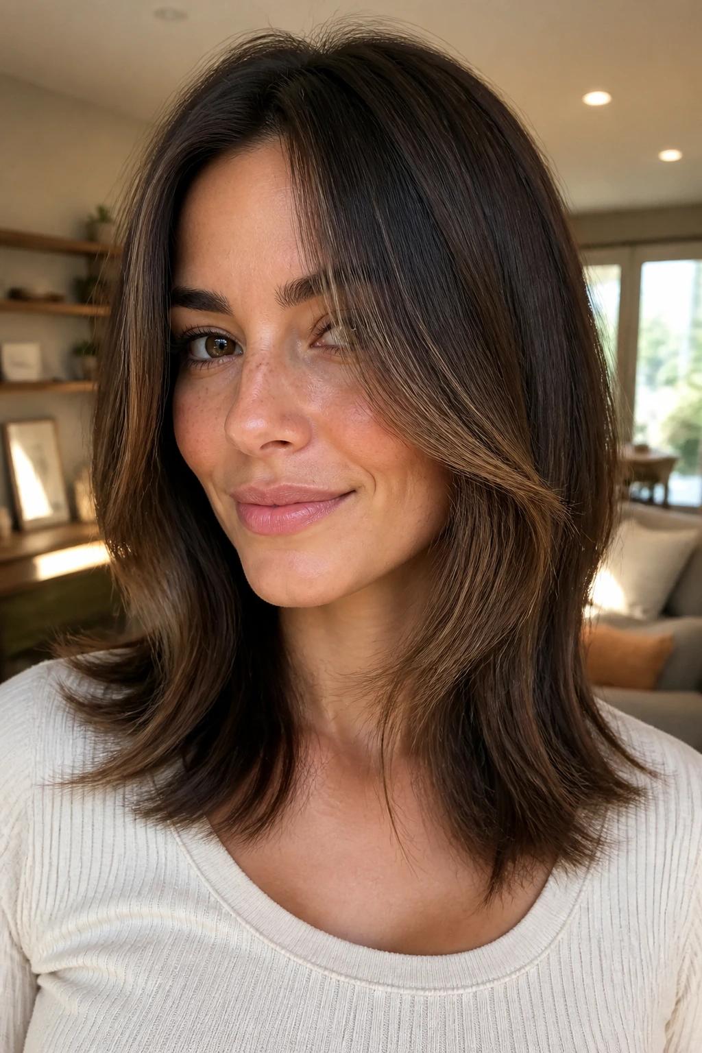 Portrait of real woman with big face-framing layers on shoulder-length hair