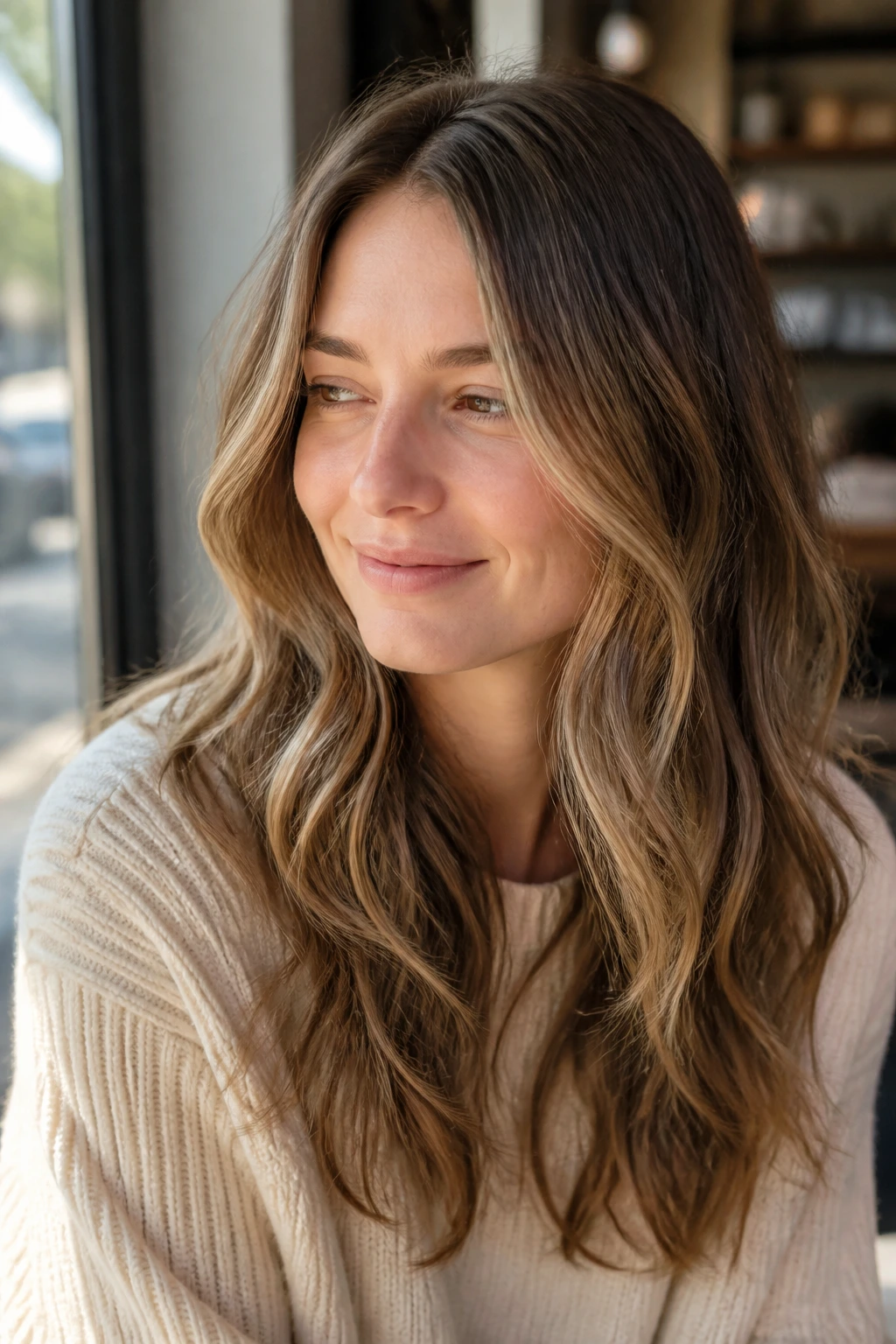 Real person with minimal layers for fine wavy hair in soft cafe lighting