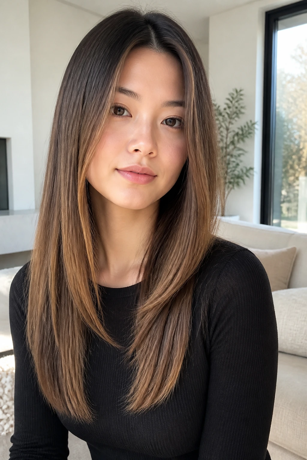 Close-up of a real woman with minimal layers and highlighted perimeter.