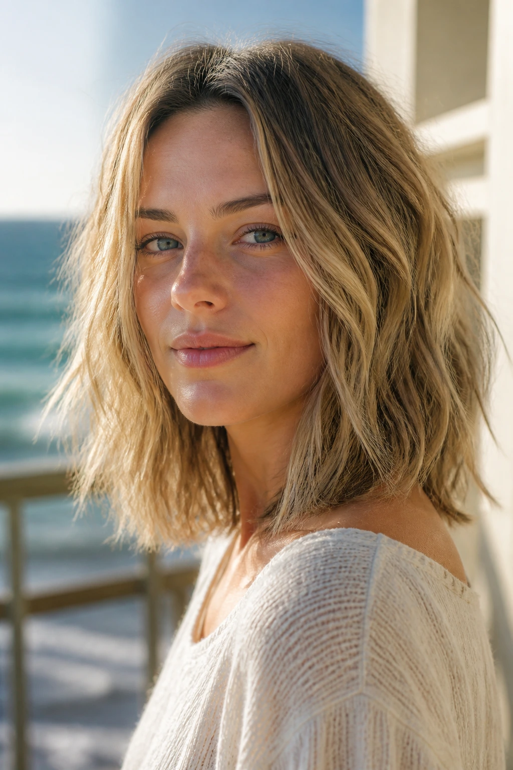Close-up of a real woman with minimal layers and salt-spray beachy waves.