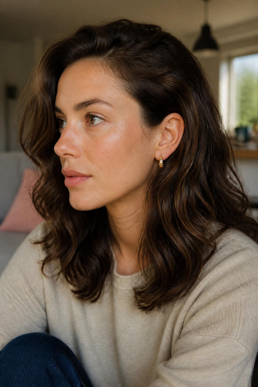 Close-up of a real woman with minimal layers on thick wavy hair and a strong perimeter.