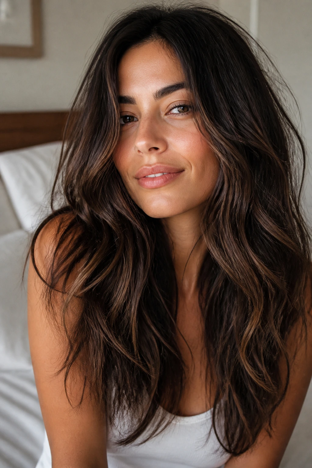 Close-up portrait of a real woman with long thick hair showing subtle layers for movement