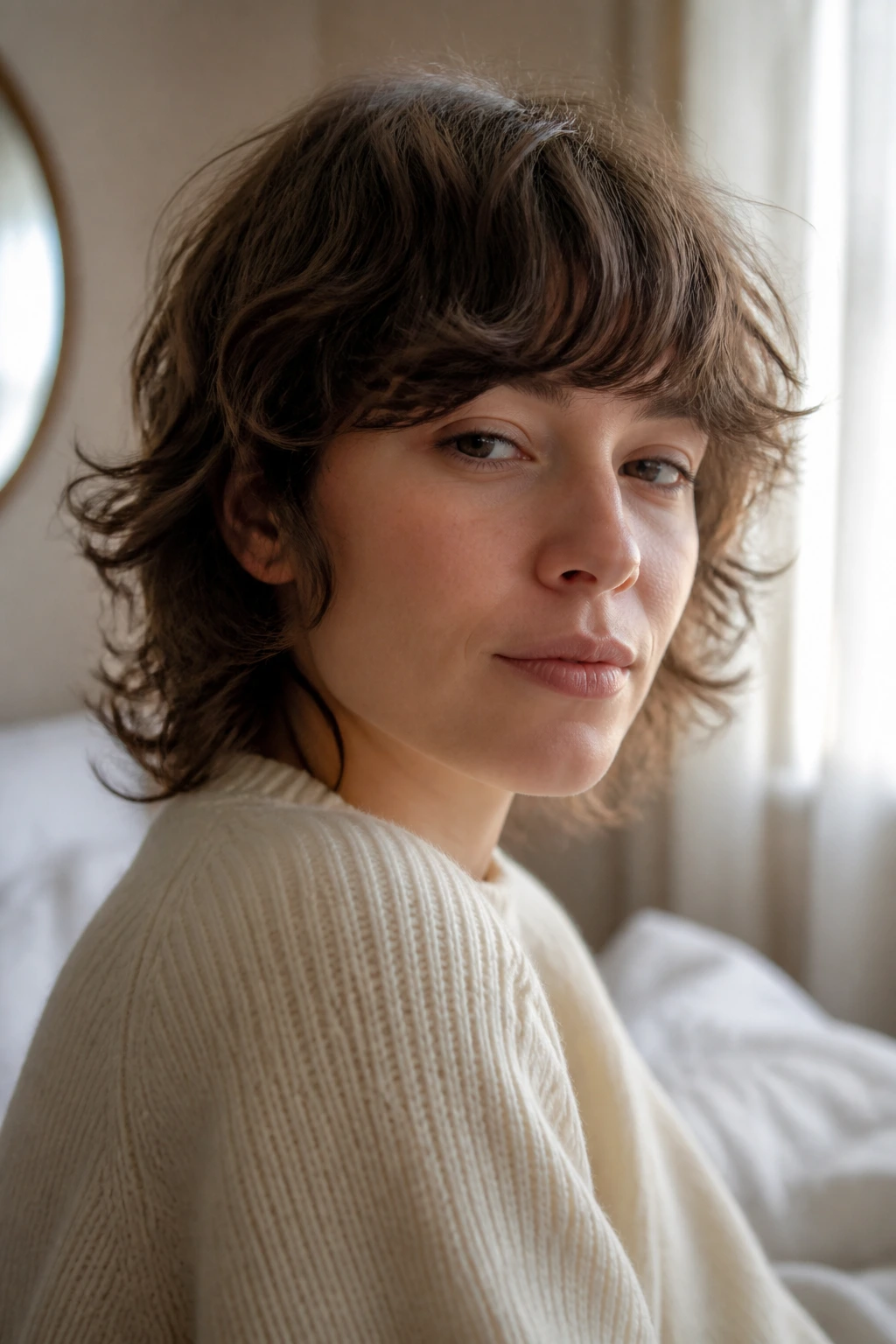 Close-up of a real person with a minimal-maintenance shag and soft perimeter
