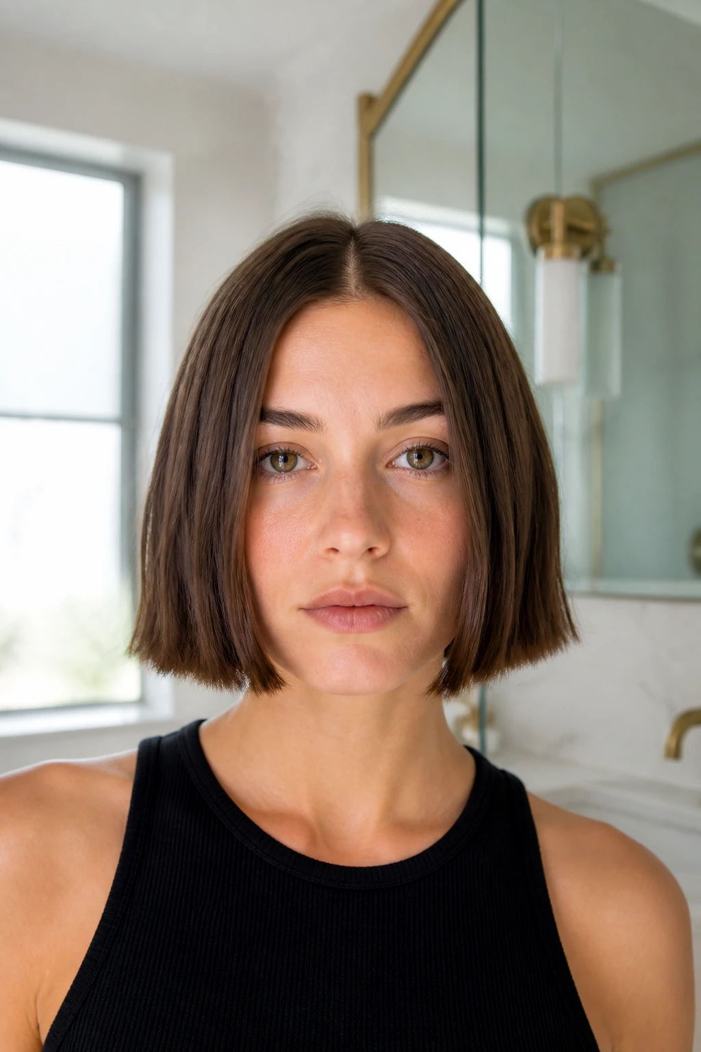 Close-up of a real woman with a minimal one-length chin bob in bright bathroom light