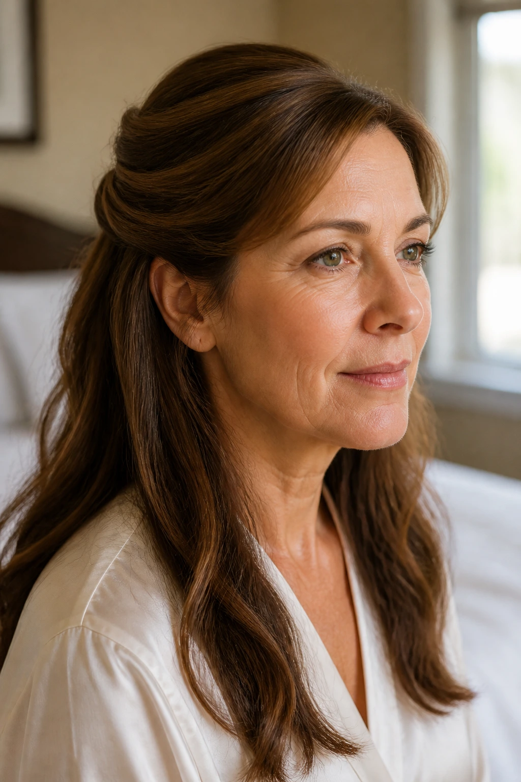 Portrait of a woman with minimal pin-back half-up hairstyle featuring discreet pins.