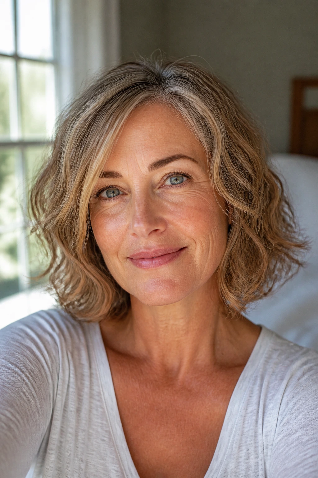 Close-up of a real woman with a minimal-product bob in soft daylight