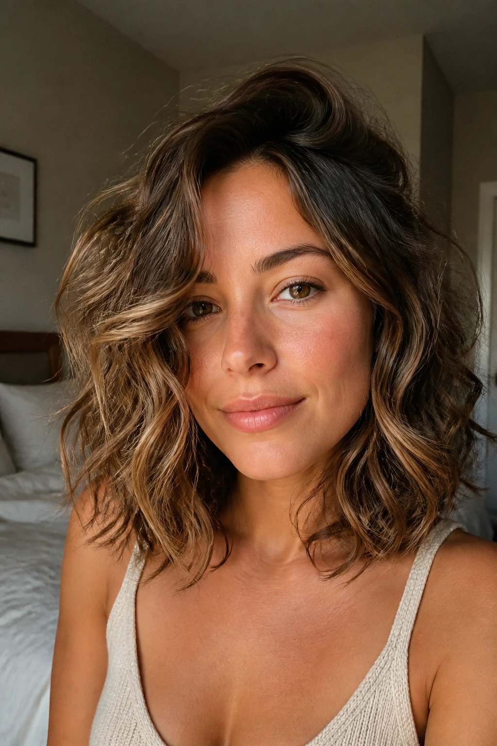 Close-up of a real person with a minimal-product lob and undone curls dominating the frame.