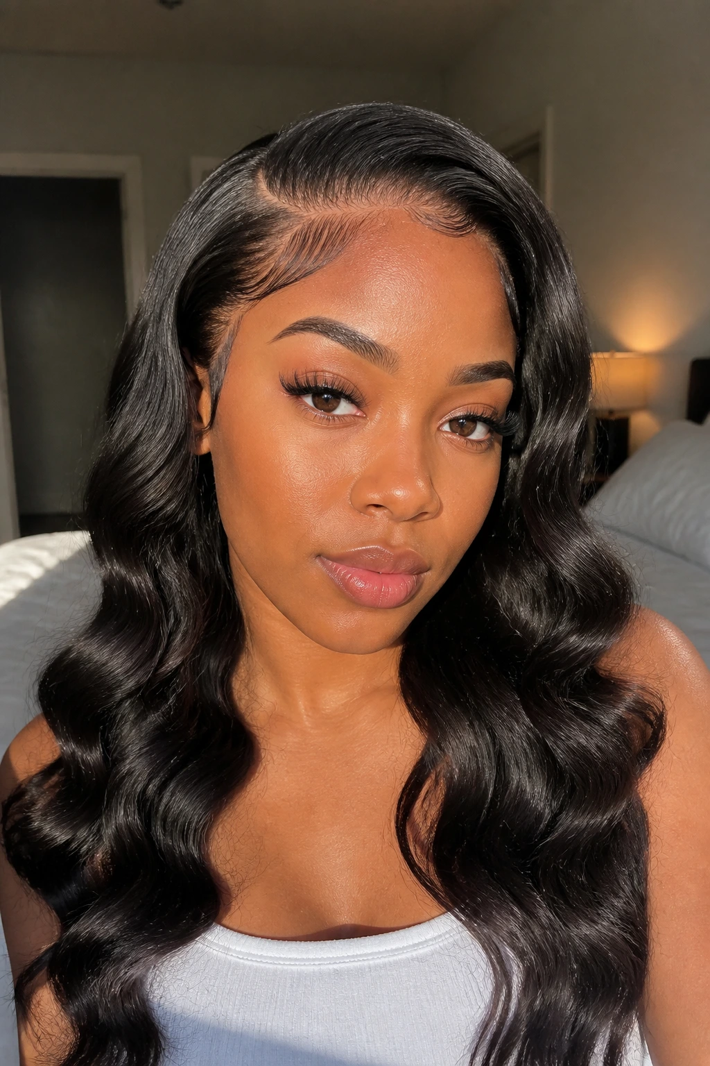 Close-up of a real woman with a minimal-leave-out sew-in and body waves at the hairline.