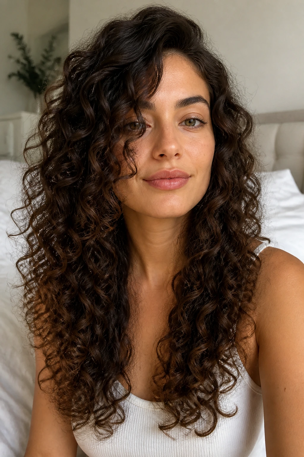 Close-up of a real woman with long minimal-shape trim curls filling the frame.