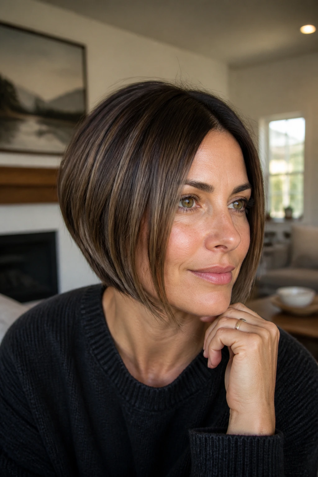 Portrait of a woman with minimal-stack inverted bob