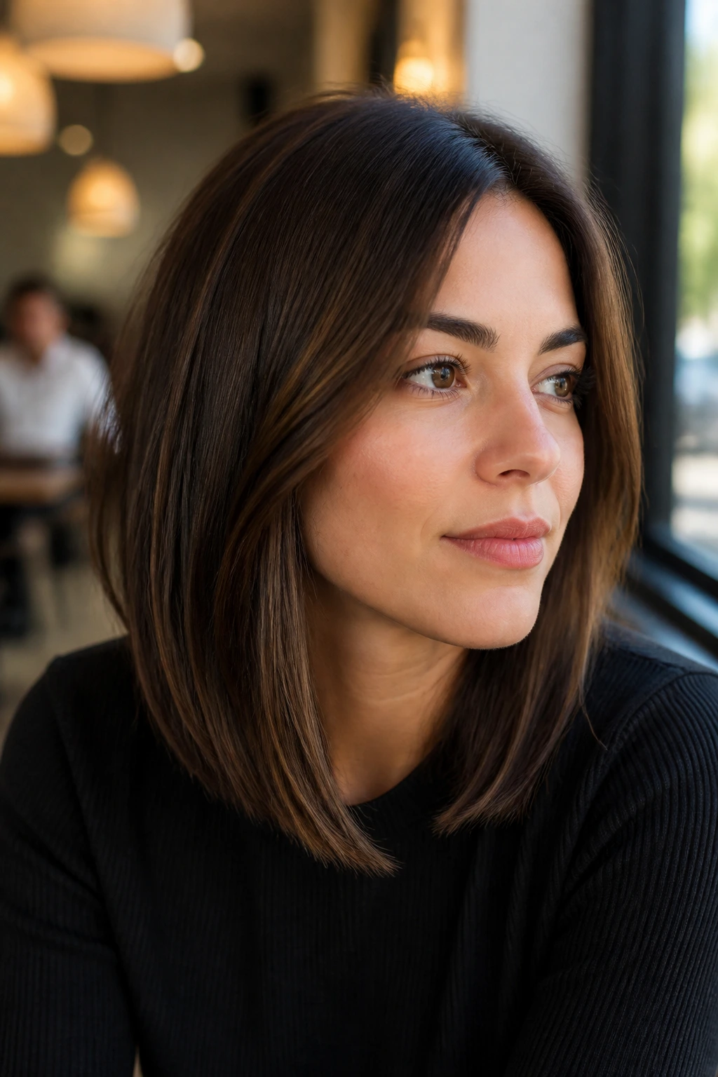 Close-up of a real woman with a minimal-texture brunette lob and brunette lowlights in a cafe setting.