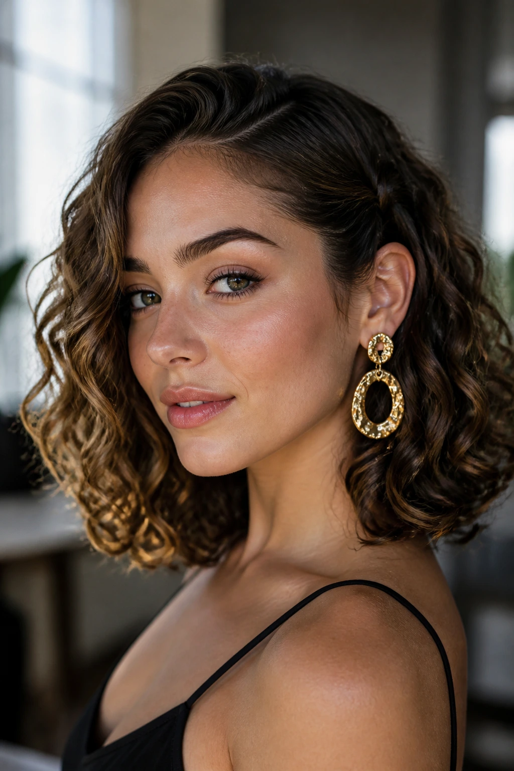 Real woman with minimalist shoulder-length curls and bold statement earrings.