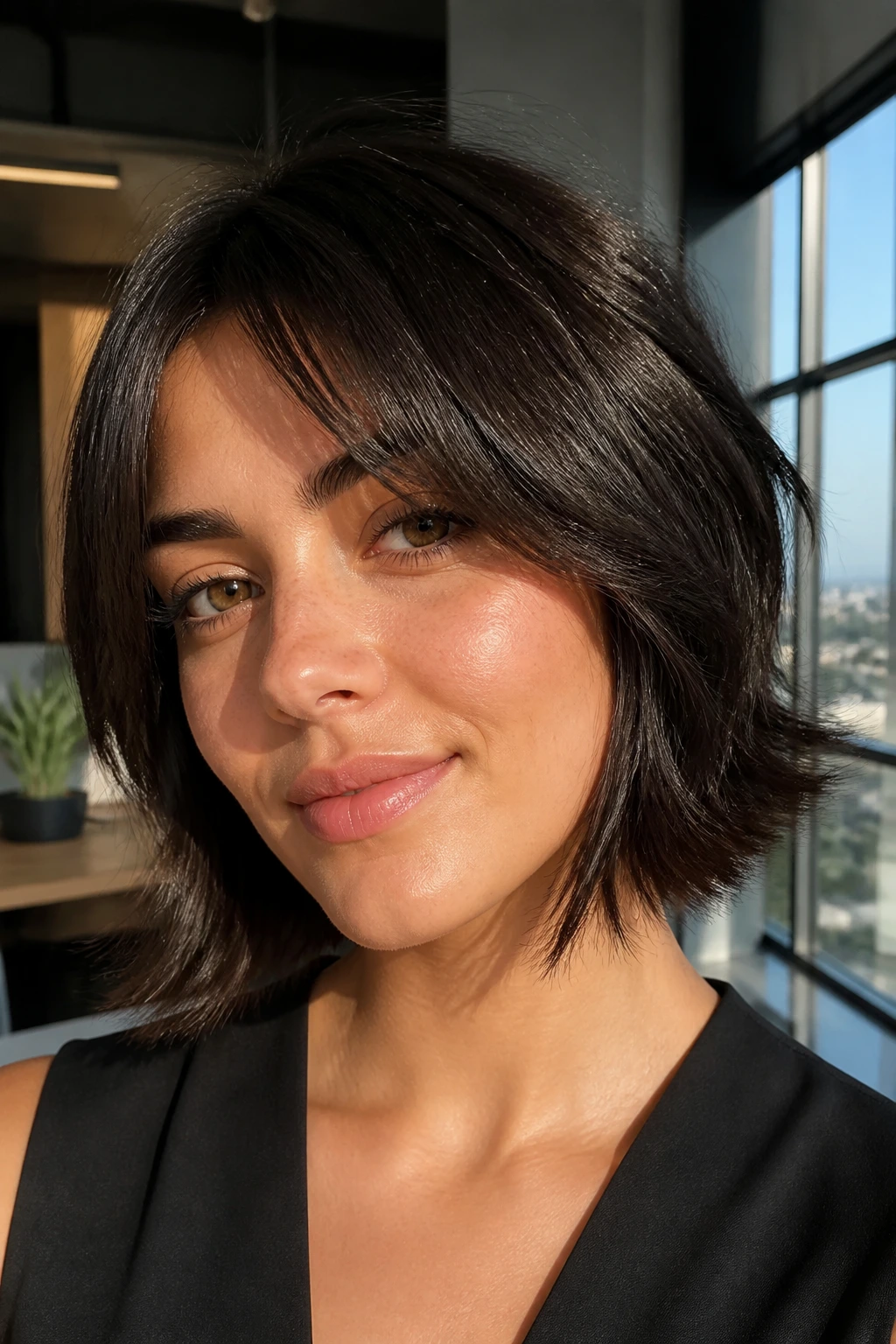 Real woman with a minimalist glossy shag bob in a modern office nook.
