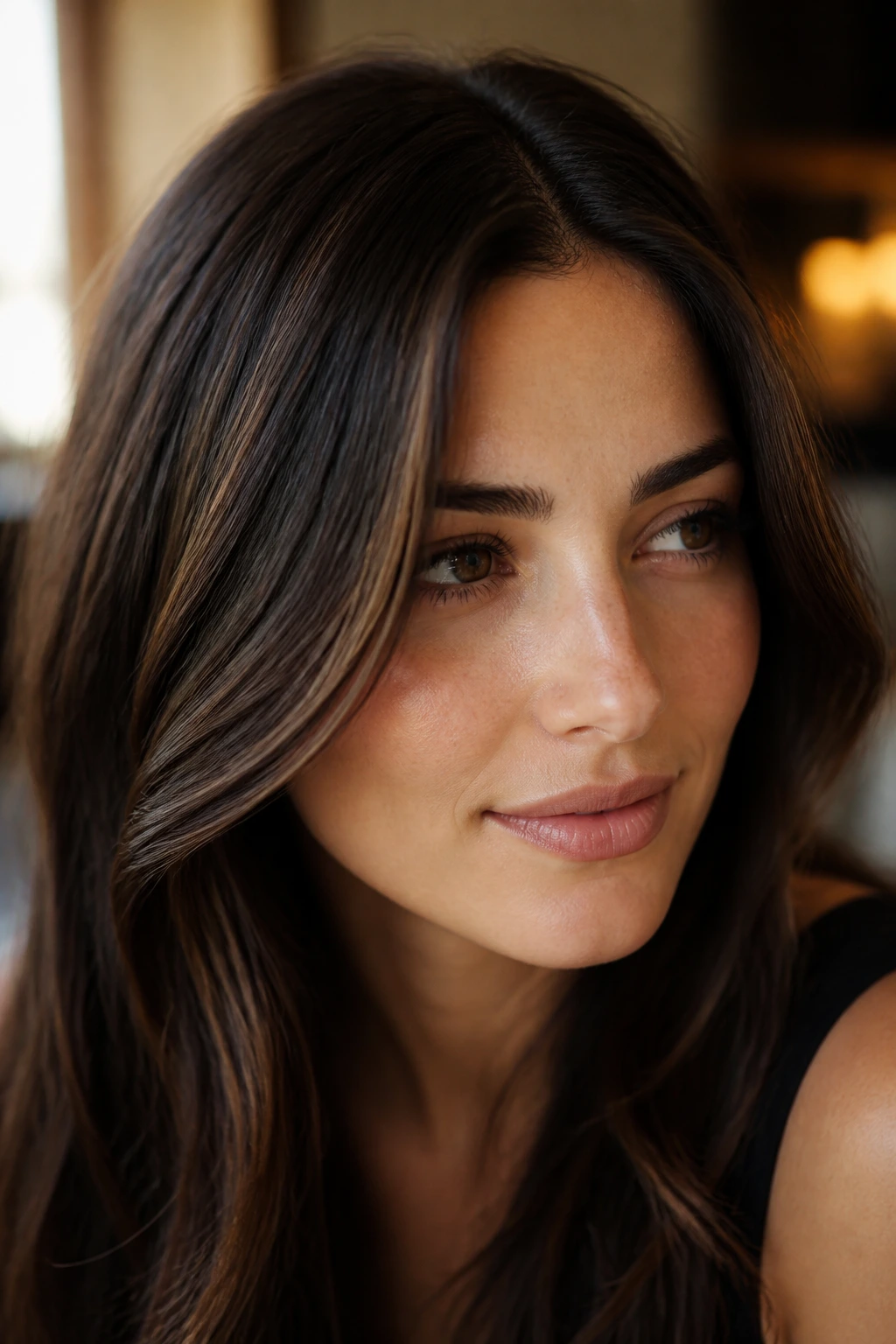 Close-up of real woman's hair with subtle chestnut caramel strands for minimalist glow-up