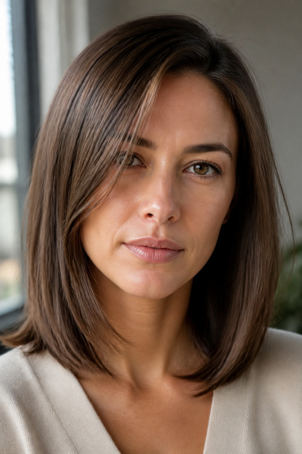 Close-up of a real person with subtle layers and a clean side part framing the face.