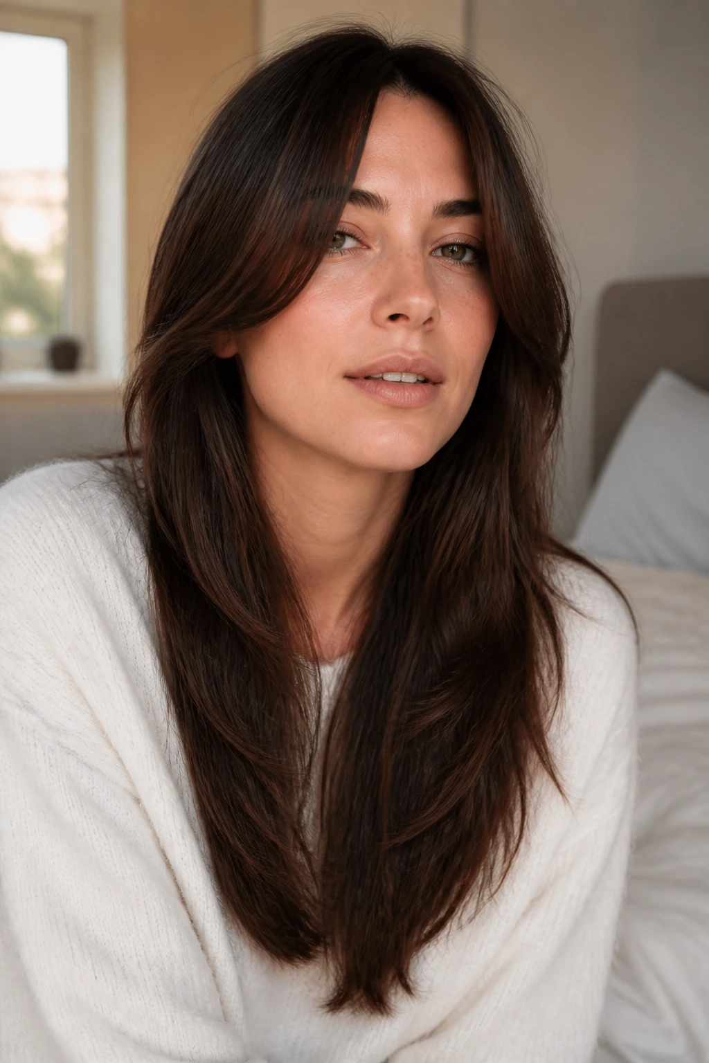 Portrait of a woman with minimalist long layers and face-framing around straight hair
