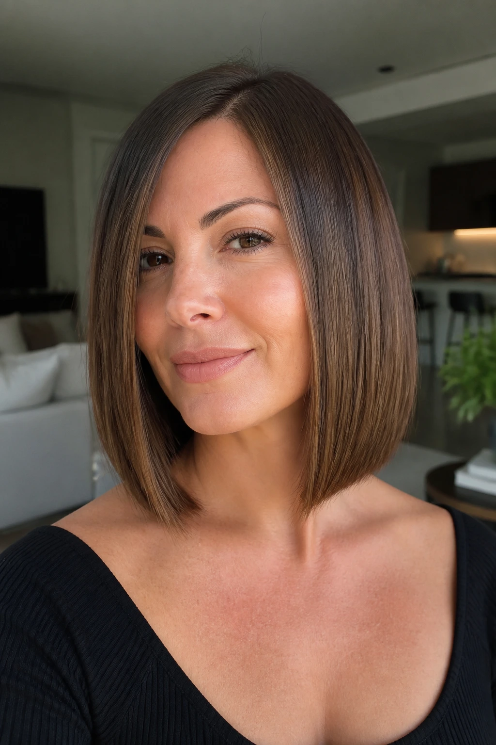 Close-up portrait of a real woman with minimalist one-length lob and front angle