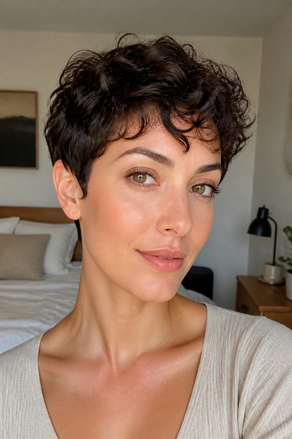 Close-up of a real woman with mousse-defined minimalist pixie and soft control in daylight.