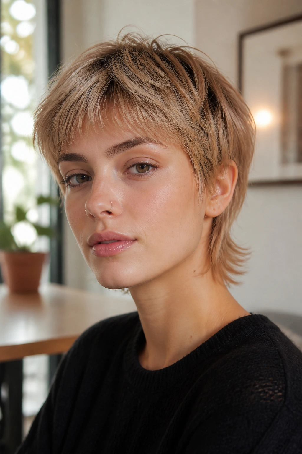 Close-up portrait of real person with minimalist pixie mullet and soft texture