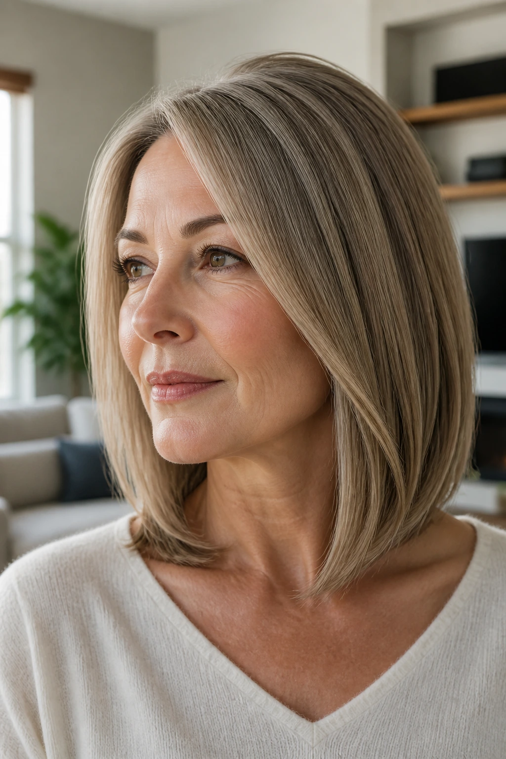 Close-up portrait of a real woman with a minimalist shoulder cut and beveled ends