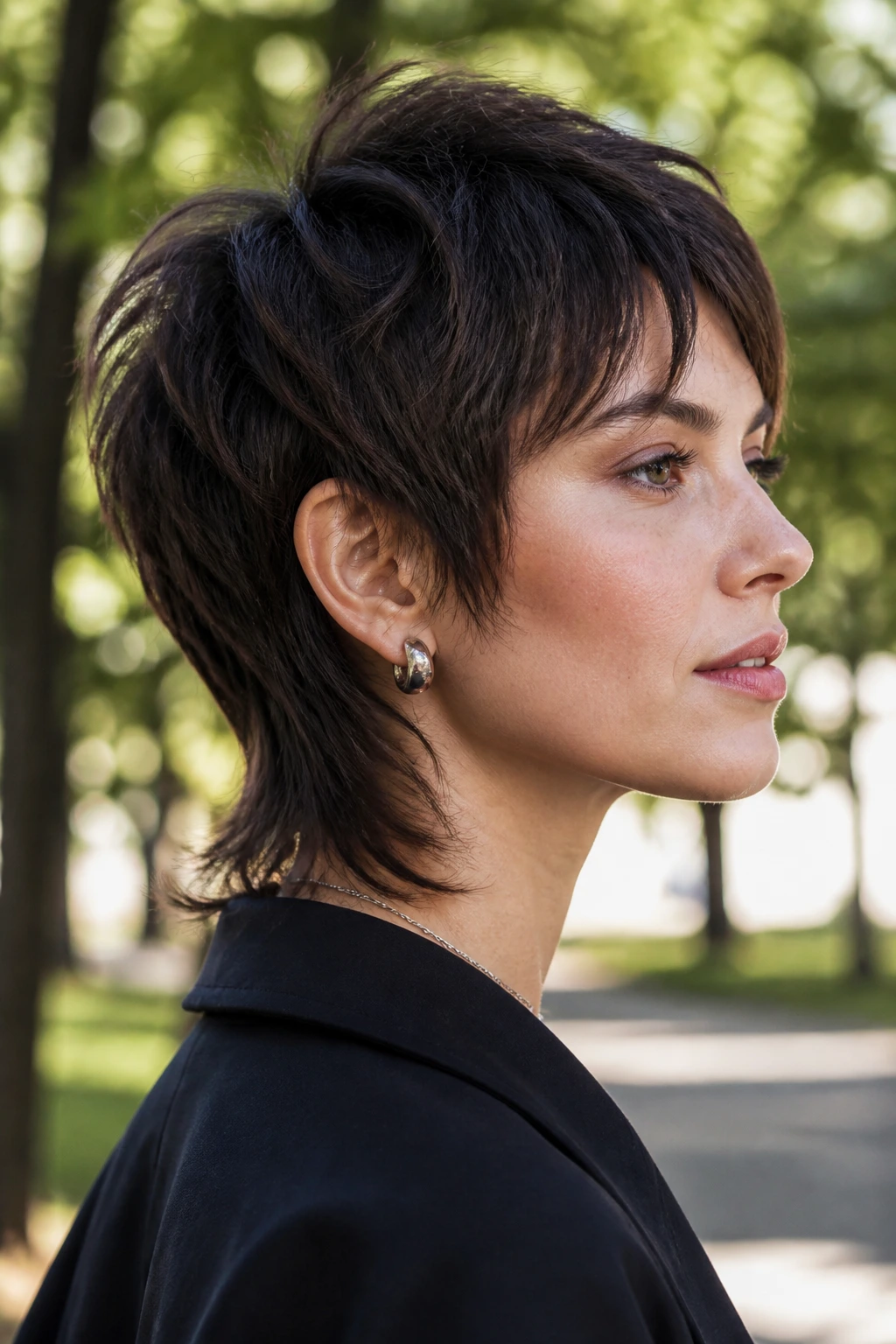 Close-up profile of a real person with a mini shullet showing top shag and longer back.