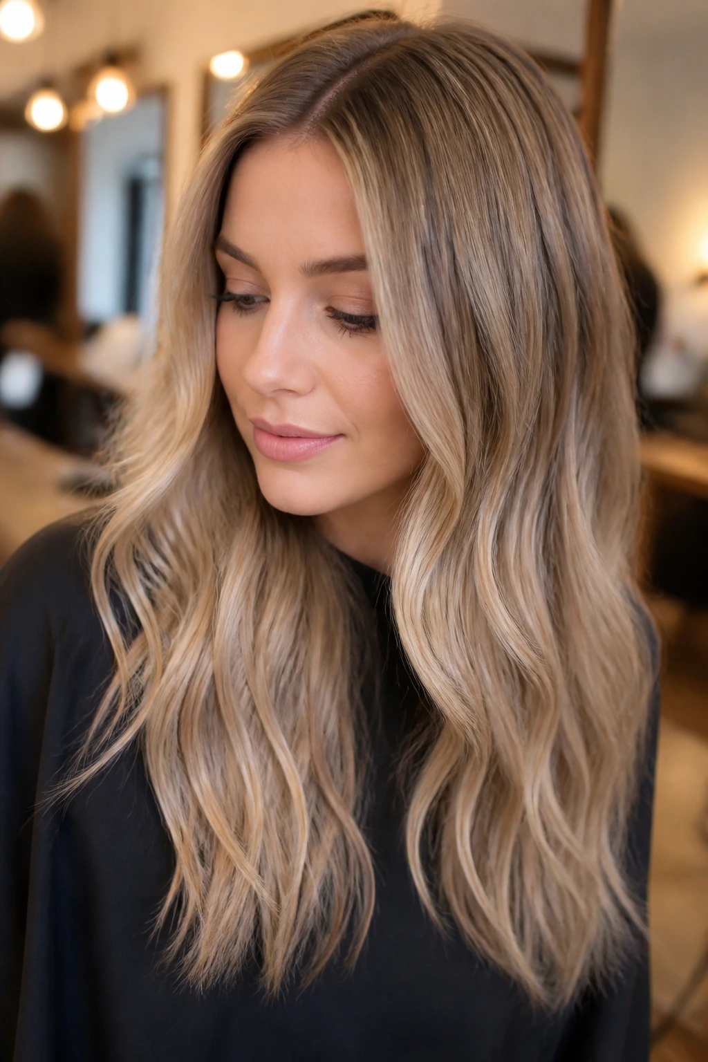 Portrait of a real woman with mink beige blonde hair showing soft muted dimension