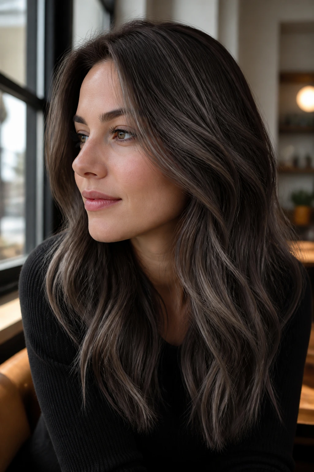 Close-up portrait of mink brown hair with an ash veil.